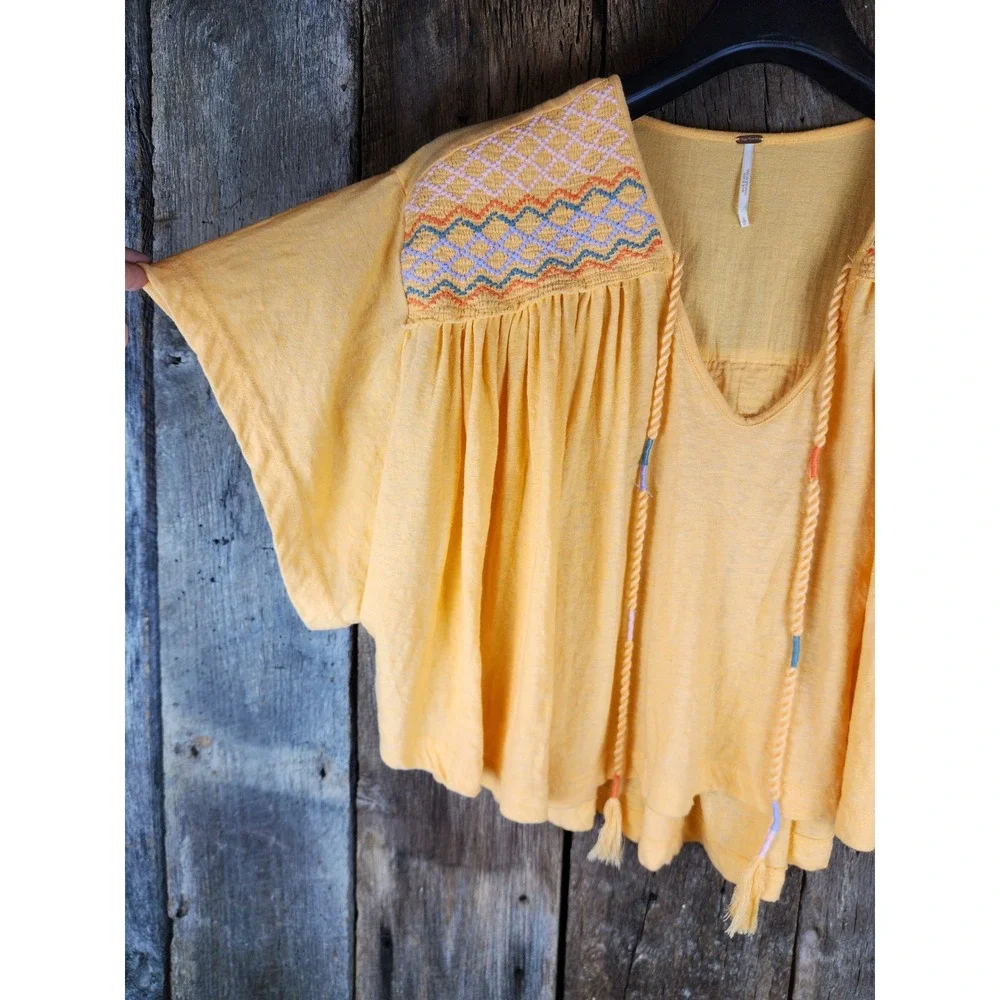 Free People Shirt Embroidered Boho Peasant Blouse Oversized Top OS